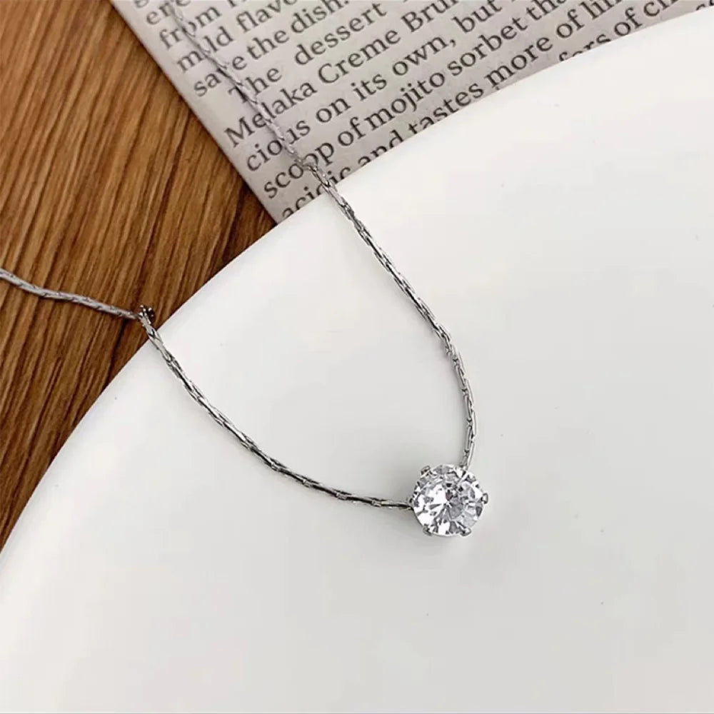Anti Tarnish Stainless Steel Chain Necklace with Round Clear Zircon Charm for Women