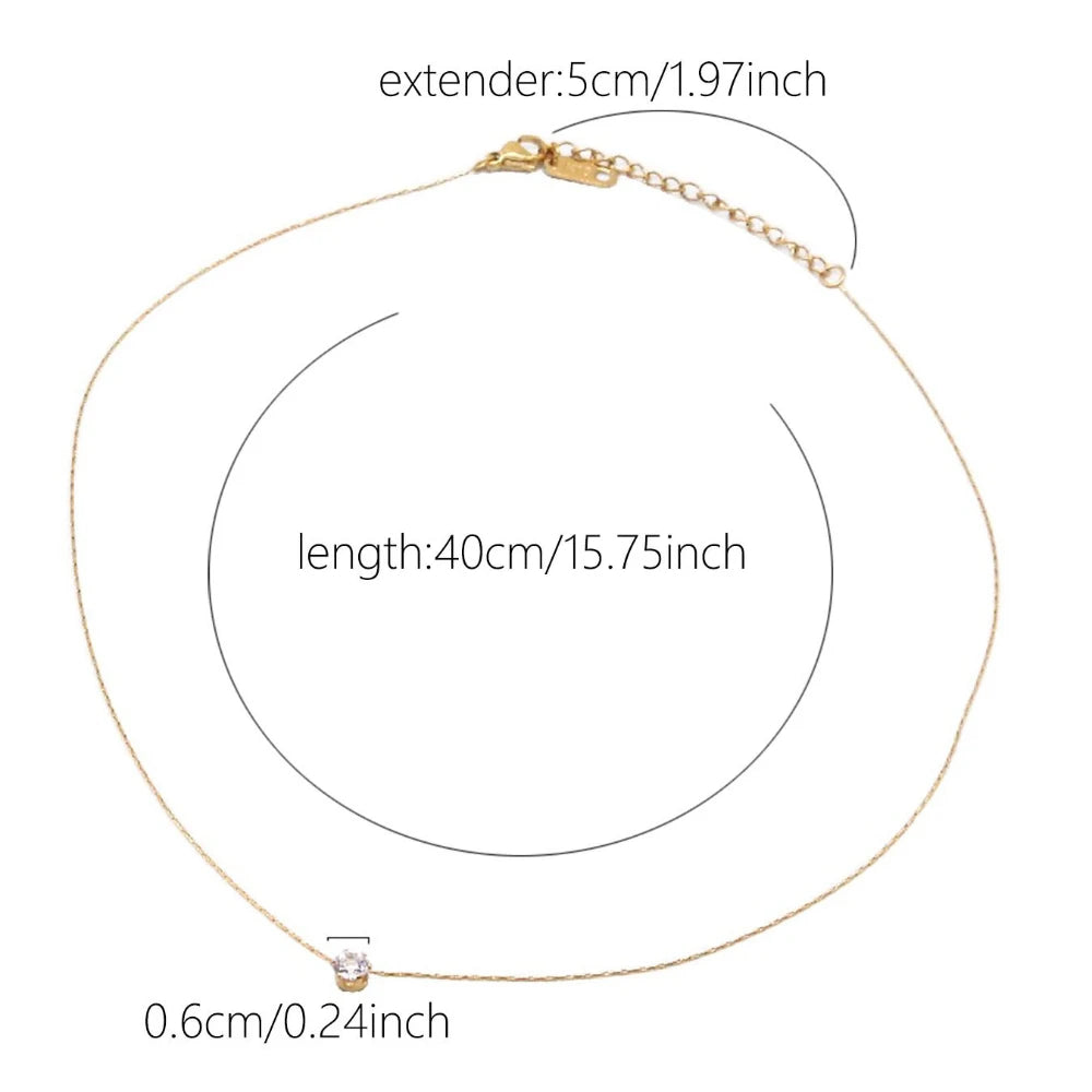 Anti Tarnish Stainless Steel Chain Necklace with Round Clear Zircon Charm for Women