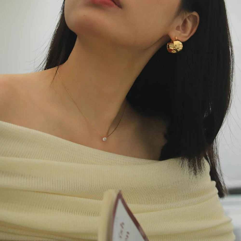 Anti Tarnish Stainless Steel Chain Necklace with Round Clear Zircon Charm for Women