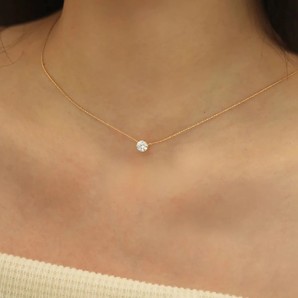 Anti Tarnish Stainless Steel Chain Necklace with Round Clear Zircon Charm for Women